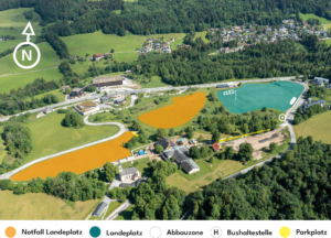 Gaisberg Landewiesen: Ansicht unserer Landewiese in Guggenthal mit Landezone, Abbauzone, Parkplatz und Bushaltestelle
